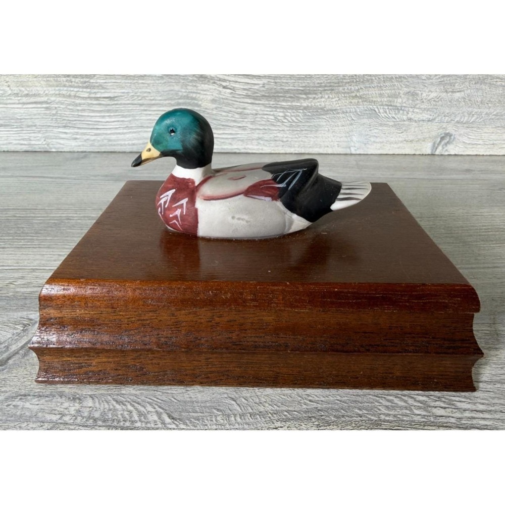 Vtg 1983 Giftco Ceramic Mallard Duck Figurine Wood Box W/ 2 Decks Playing Cards
